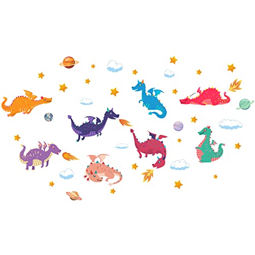 Pligreat Cute Dragon Wall Decals, Kids Wall Stickers With 8 Colorful Cartoon Dinosaur And Planets Stars, Dinos Wall Decals For Nursery Door Window Playroom Boys Bedroom Kids Room Decor #TOP2