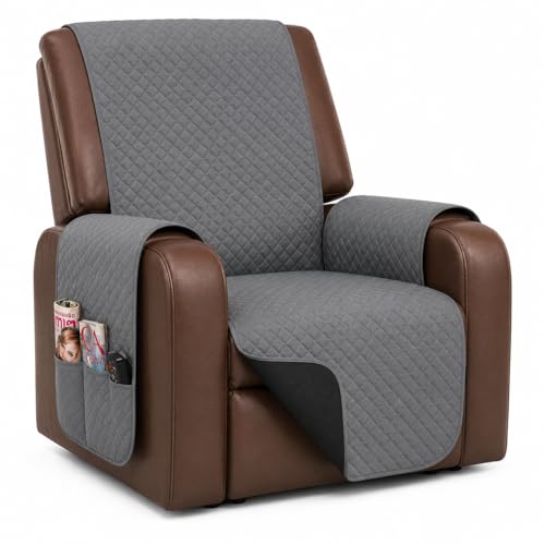 Capa de Poltrona do Papai Impermeável - Protetor de Poltrona 1 Lugar, Dupla Face Matelada, com Bolso, Fácil de Colocar - Protege de Pêlos e Líquidos - Decoração Sala - Cinza e Preto