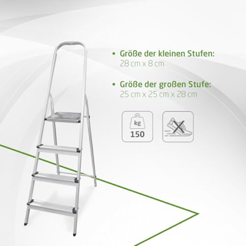 Amig - Teleskopleiter mit 4 Stufen | Aluminium | Maße der kleinen Schritte: 28x8 cm | Maße der großen Stufe: 25x25x28 cm | Heimgebrauch | Maximale Belastung 150 kg