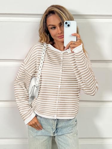Image of Saodimallsu Womens Striped Cardigan Casual Long Sleeve Open Front Button Down Loose Knit Lightweight Fall Sweaters