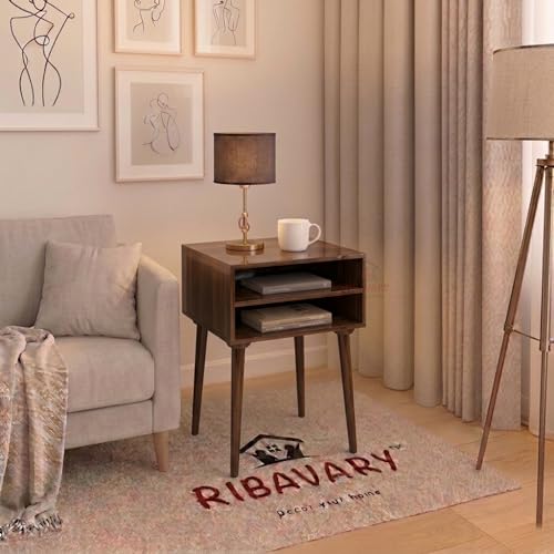 Image of Modern Bedside Table Nightstand with Solid Wood Legs, Practical End Side Table with Drawer Storage for Small Spaces Wooden Bedside Table, Coffee Table, Living Room /Bedroom (Antique Brown)