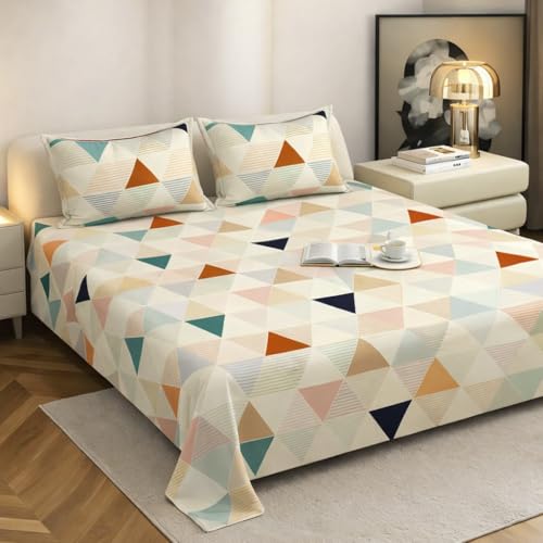 Image of Cotton Feel King Size Flat Bedsheet for Double Bed (90 x 100 Inches | 230 x 250 cm) with 2 Pillow Covers | Soft & Smooth Printed Bedsheet for Daily Use (White Geometric, King Bed-90x100)