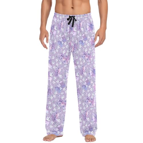 Purple Flowers Men's Pajamas Pants Cotton Sleep Bottoms Pants Lounge Sleepwear - S2