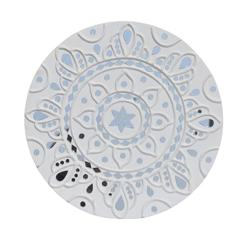 Image of Ethnics of Kutch Traditional Kutch Handicraft Mud-Mirrorwork Lippan Kam Wall Art (Water and Break Resistant) - Round (12 Inch Diameter) - (White LKT-0280)