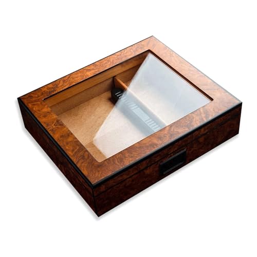 FRALHQFL Zigarren-Luftbefeuchter mit gehärtetem Glas-Top-Design, bietet Platz für 25–30 Zigarren, handgefertigtes spanisches Zedernholz, Tischaufbewahrung, Zigarren-Box