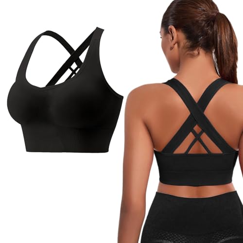 FUIPVGI Sport BH Damen, Push Up Sports Bra Gepolstert Bustie Damen Ohne Bügel Crossback Design mit Abnehmbaren Gepolstert für Fitness Jogging Yoga Lauf Joggen (Schwarz)