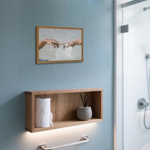 Image of Funny Bathroom Wall Art, Vintage Eclectic Restroom Sign Wall Decor Paintings, Funky Handing Toilet Paper Canvas Prints Artwork Pictures 16x12 inch Wood Framed