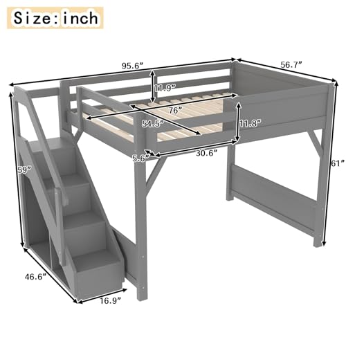 Image of KEIKI Solid Wood Full Size Loft Bed Frame with Stairs Built-in Wardrobe | Full Size Loft Bed with Storage Shelves, Full-length Guardrails, No Box Spring Needed for Bedroom, Dorm, Gery