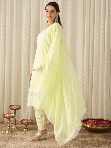 Image of INDO ERA Women's White Viscose Rayon Straight Embroidered Kurta