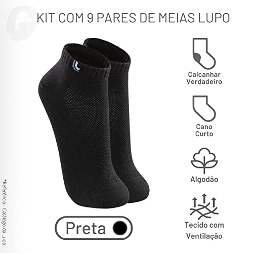 Kit 9 Pares Meia Lupo Sport Cano Curto Algodão Adulto | 9 Pretas (905) | 41-44