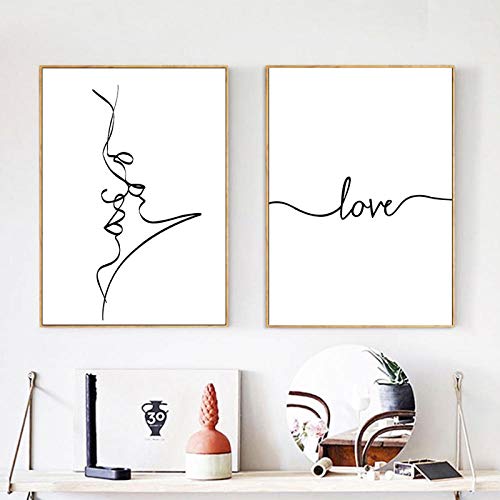 Leinwand Malerei Kuss Strichzeichnung Gesicht Liebe Kalligraphie Minimalistische Wandkunst Moderne Malerei Leinwand Wohnkultur Liebhaber Geschenk 50x70cmx2 Kein Rahmen Cover