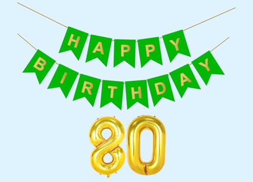 Image of 80th Happy Birthday Decoration Kit Green for 80 year Old Men Women with Number EightyParty Decorations Decor Celebration Items Item Set Combo Reusable Paper Banner