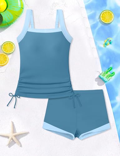 Image of Girls Swimsuit Two Piece Bathing Suit Ruffle Trim Swimsuits for Girls Tankini with Drawstring Shorts Swimwear 9-18Y