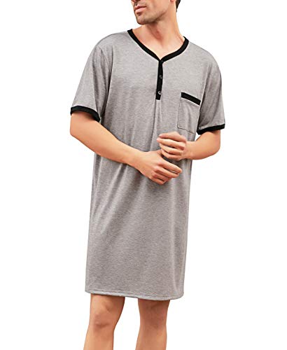 Chemise de Nuit Liquette Homme Coton Pyjama Manches Courtes Hauts de Pyjama Homme Col Rond avec Boutons Tee-Shirt Long Confortable Vêtements d'Intérieur Homme T-Shirt...