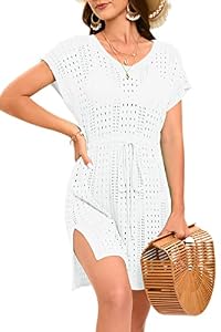 Timuspo Robe de plage pour femme sexy tricotée avec ceinture nouée à la taille, fente latérale, maillot de bain bikini cover up, robe d'été de plage, Blanc., M