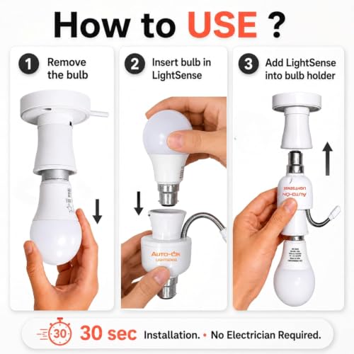 Image of Auto-ON LightSense Automatic Day /Night Sensor Holder, B22 Base, Auto ON at Night & OFF in Daylight, Flexible Sensor Design, for Outdoor Lights (One Year Warranty) (Made in INDIA) Pack Of 2