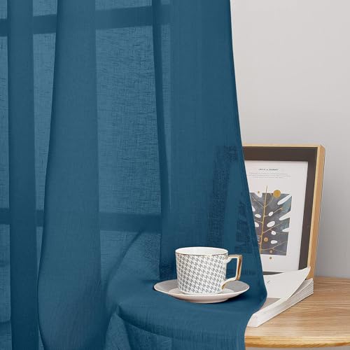 Image of Amazon Basics - Linen Textured Sheer Door Curtains | Light Filtering | 5 Feet | Set of 2 | Plain Design | for Living Room, Bedroom & Balcony | 150cm x 115cm, Color - Navy Blue