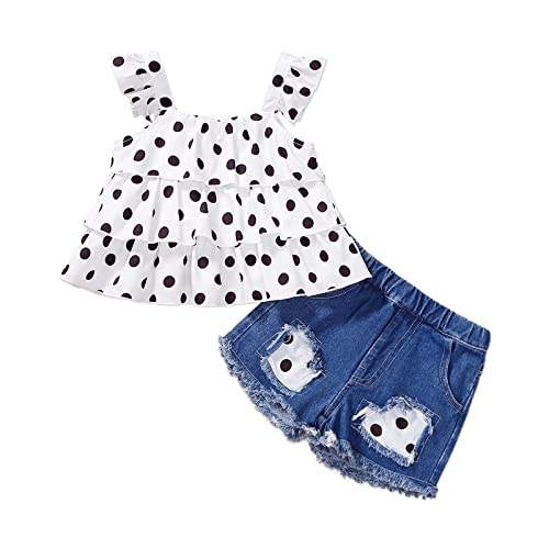 Patpat Baby Girl Polka Dots Layered Ruffled Tank Top And Raw Hem Ripped Denim Shorts Set 2Pcs #TOP15