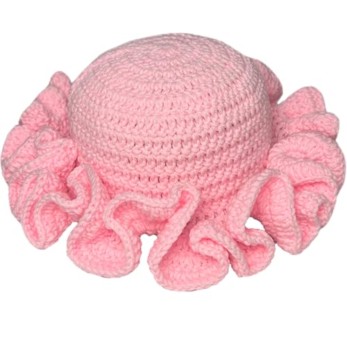 Hshsclth Crochet Hat Knitted Bucket Hats Solid Color Fashion Ruffled Brim Floopy Bucket Hat for Women (US Alpha One Size Pink)