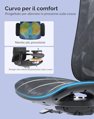 M57 Sedia ergonomica da ufficio,design completamente traspirante,per computer,schienale alto,regolabile 3D,con braccioli e supporto lombare(nero) - Sedia gaming - Immagine 10