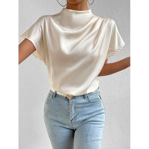 AEAEAE Women's Elegant Satin Short Sleeve Mock Neck Blouse Shirt Top (UAE/KSA, Alpha, M, Regular, Regular, White)