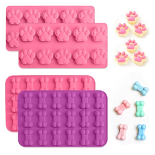 Xwchasa Silicona Para Moldes Galletas De Perro, 4 Piezas Bandejas De Hielo Para Forma De Patas Y Huesos, Molde De Chocolate Para Perros, Cubitos De Hielo, Chocolate, Caramelos, Gelatina