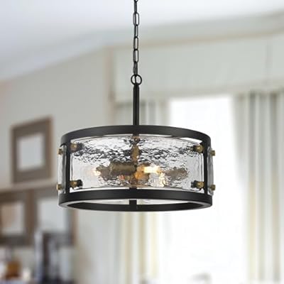 CNRATYE 13" Industrial Drum Glass Chandelier, 3-Light Rustic Hanging Pendant Lights, Metal Round Lighting Fixture for Dining Room Foyer Entryway Hallway Bedroom, Clear Waterglass Drum Shade