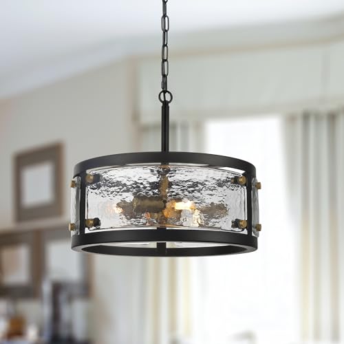 CNRATYE 13' Industrial Drum Glass Chandelier, 3-Light Rustic Hanging Pendant Lights, Metal Round...