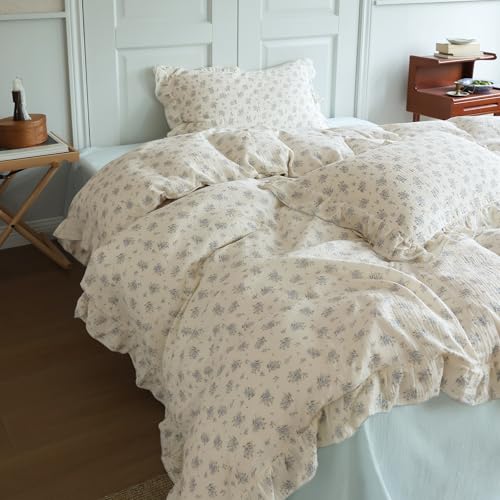 Image of BuLuTu Chic Shabby Vintage Floral Duvet Cover Twin for Kids Girls Boys 100% Cotton Muslin Ruffled Quilt Cover Twin, 68 inchx86 inch, Freesia Print, Soft Breathable, Zipper Closure, No Pillowcase