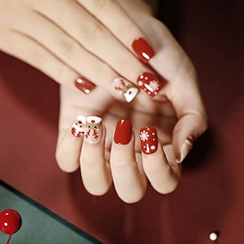 24PCS Christmas Short False Nails with Glue Stickers,Coffin Full Cover Acrylic Nails Press on Nails no Glue,Red Snow Elk French Fake Nails Stick on Nails for Women and Girls Nail Art Cover