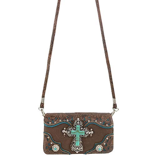 Zelris Turquoise Rhinestone Cross Western Women Crossbody Wrist Trifold Wallet (Brown)3