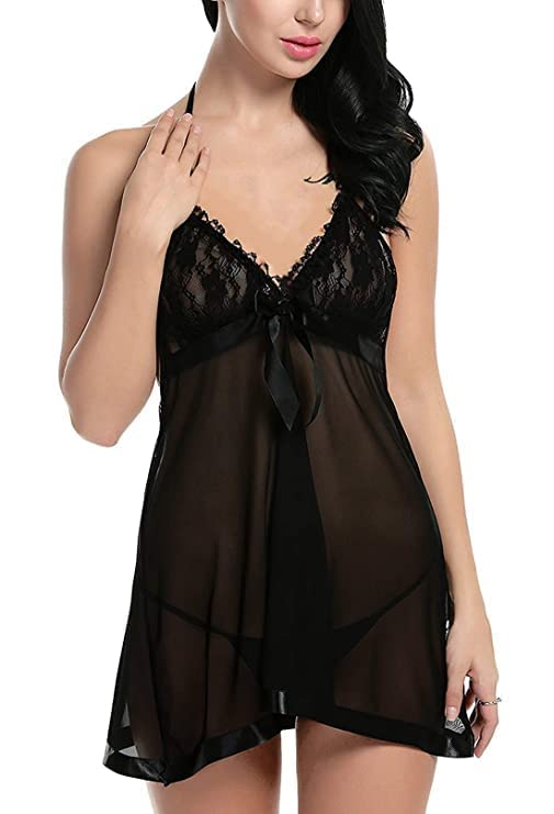 VEXORO Free Size (S-XL) Women's Babydoll Lingerie Set | Sheer Mesh & Lace Halter Neck Nightwear with Matching G-String Panty-Black-picture-53