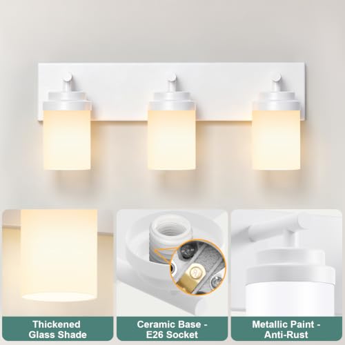 Image of IZORRO Bathroom Light Fixture White, White Glass Shade 22-Inch 3-Light