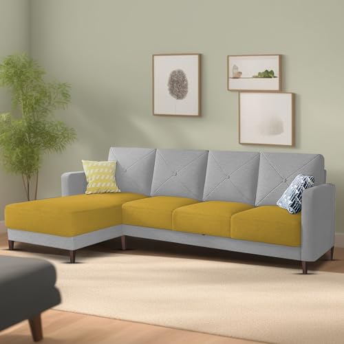 Image of Baloney LHS 6 Seater L Shape Sofa Set for Living Room (Yellow Grey Fabric) Premium Fabric Sofa