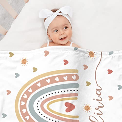 Image of Personalized Baby Girl Blankets with Name, Custom Boho Rainbow Swaddle Blanket for Girls, Customize Newborn Shower Gifts for Baby Girl, Easter Birthday Expecting Mom Gifts for Kids Girls