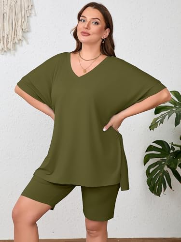 AusLook Women's Plus size 2 Piece Short Outfits Set Short Sleeve Tops and Shorts Pants Army Green 2X Casual Comfy Soft Ladies Short Sleepwear Lounge Pajama Matching Set — view 5