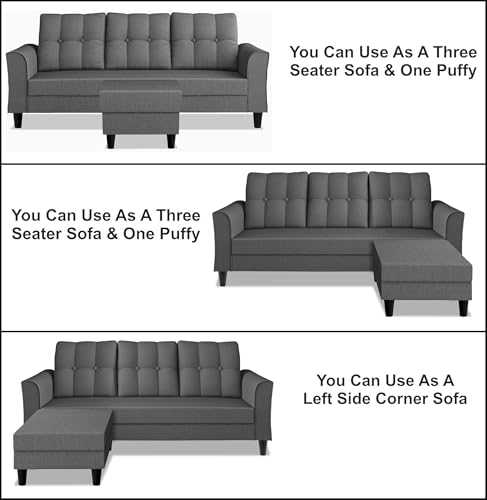 Image of Adorn India Maddox Tufted L Shape 4 Seater Wood Sofa Set (Grey) (3 Year Warranty)