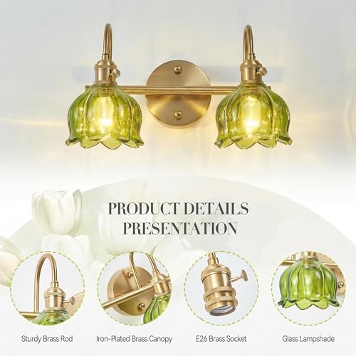 Image of 2-Light Vintage Bathroom Light Fixtures, 14.5 inch Hardwired Vanity Lights with Green Tulip Glass Shades, Brushed Gold Antique Wall Lights for Mirror Restroom Bedroom Living Room(Bulbs Not Included)