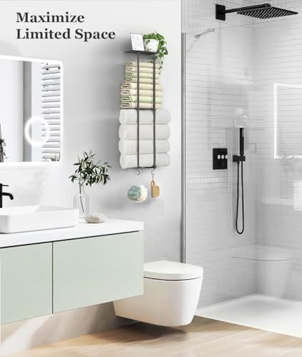 Luxspire Towel Racks Wall Mounted, 2 Tier Bathroom Towel Storage Organizer, 80cm Wall Towel Holder with 4 Hooks & Storage Shelf Large Capacity Rolled Towel Holders for bathrooms En Suite Toilet, Black