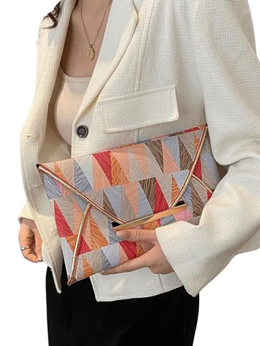 Image of QWINEE Women's Geometric Pattern Envelop Bags Clutch Bag Metal Decor Wristlet Handbags Lady Purse Multicolor One-Size