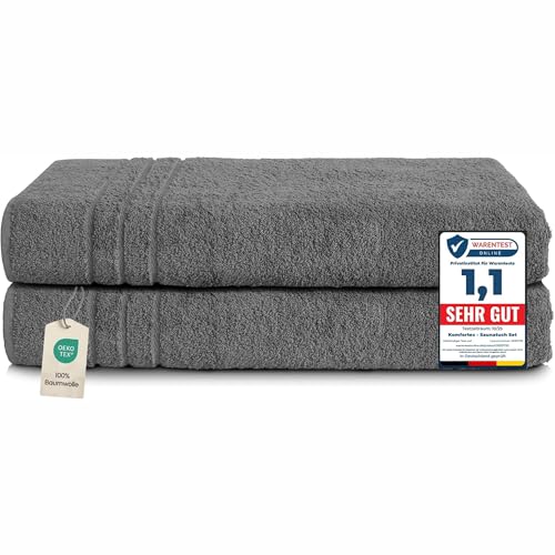 Komfortec 2er Saunahandtuch Set 80x200 cm, Große Saunatücher aus 100% Baumwolle, Sauna Handtücher, Flauschig und Saugstark, Schnelltrocknend, Dunkelgrau