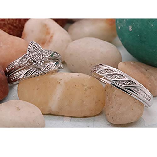 Dazzlingrock Collection 0.12 Carat (ctw) Round White Diamond Marquise Framed Wedding Trio Ring Set for Men & Women in 925 Sterling Silver3