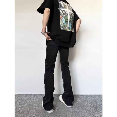 BXCNCKD Gothic Pants, high Street Ruffled Jeans, Men's American Black Slim fit, Retro Micro Flared Pants Y2K3