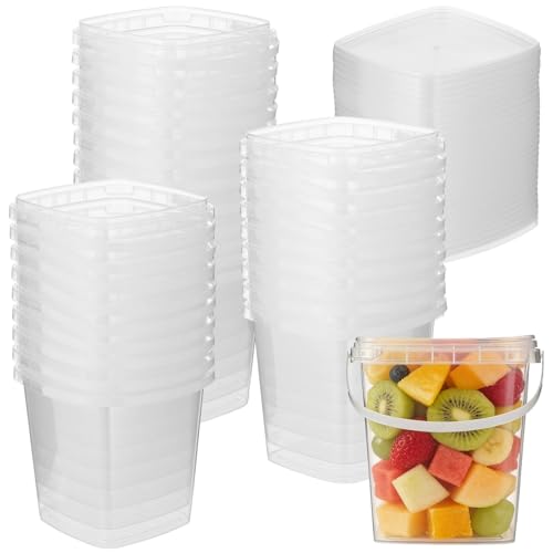Homaisson 30 Pcs Deli Containers with Lids, 32 oz Square Plastic Food Storage Buckets with Handles, Clear Quart Containers, Leak-proof Food Prep Buckets, Freezer & Microwave Safe