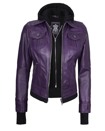 Image of Womens Leather Jacket with Detachable Hood - Real Lambskin Bomber Jacket Thumbholes Women