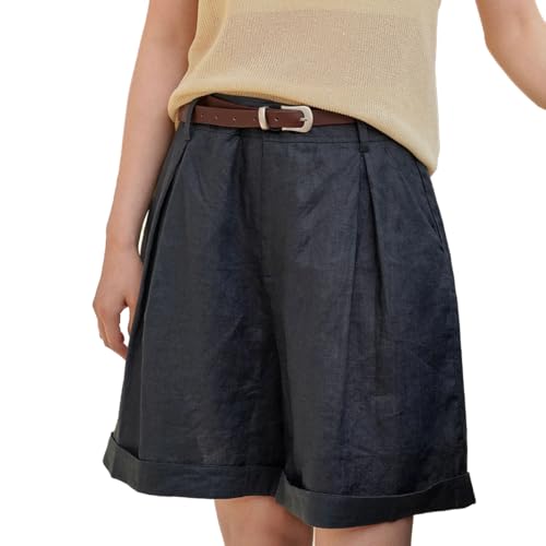 XIBAOBAO Women's Navy Blue Linen Wide-Leg Bermuda Shorts – High-Waisted,