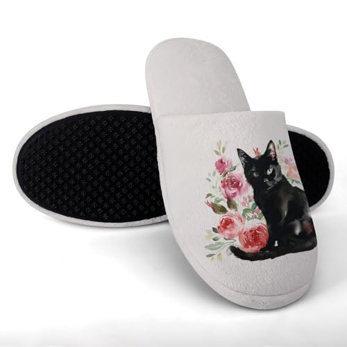 Black Cat And Flowers Men's Slipper Non Slip Comfortable Winter Warm Home House Shoes Indoor Slippers2