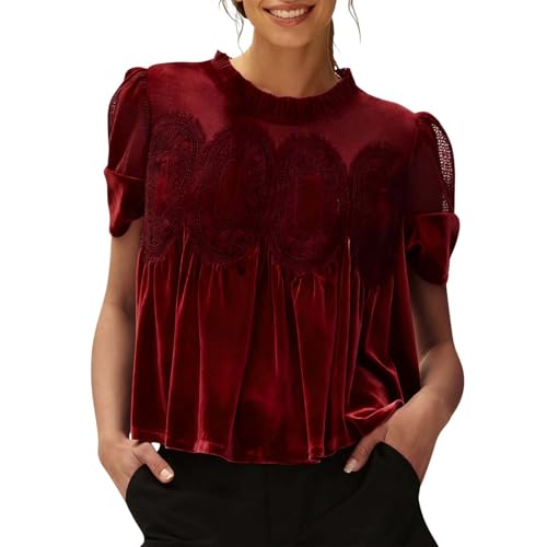 Women's Velvet Lace Blouses Round Neck Short Sleeve Flared Swing Tops Intricate Back Design Elegant Velvet Shirts Red M