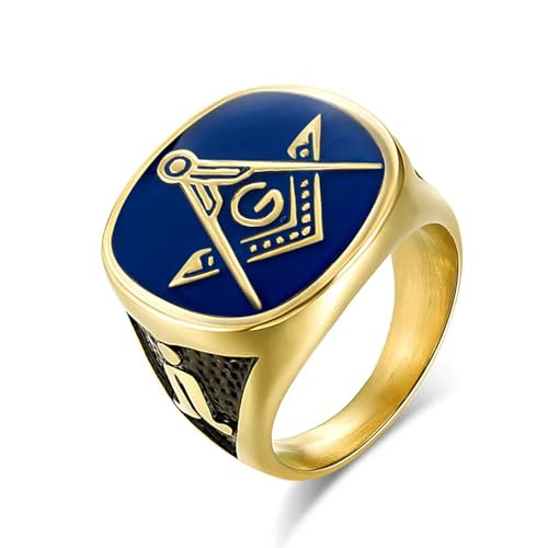 XJruixi Anillo Masónico De Color De Oro Azul Vintage Anillo De Acero De Titanio Retro Punk Anillo De Hermandad De Hip Hop Joyería Masculina De Albañil