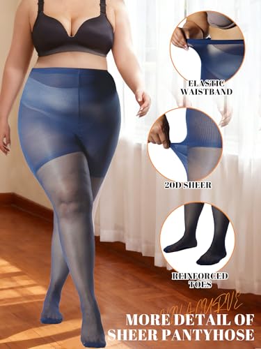 Image of Plus Size Sheer Tights for Women 20D Control Top Pantyhose Soft Stockings with Reinforced Toes 2 Pairs